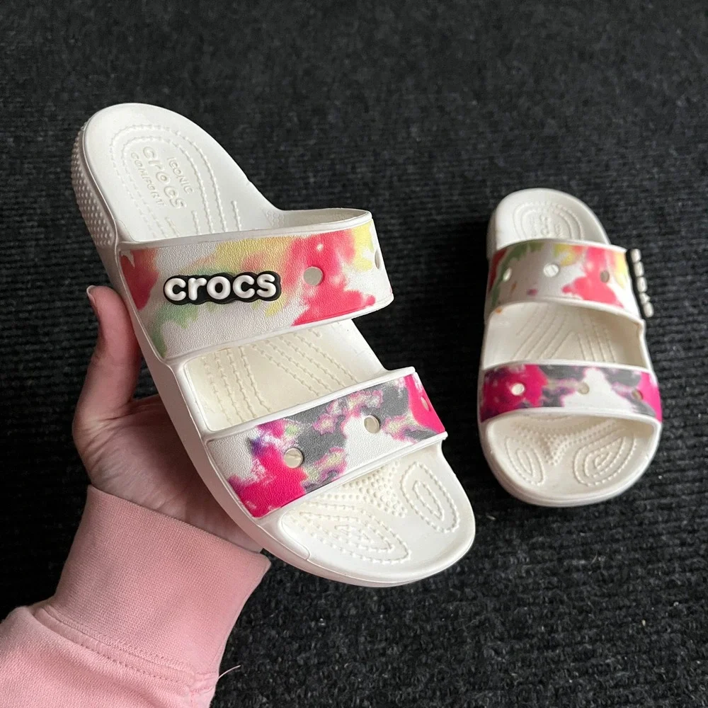 Crocs Classic Sandal Womens 6 White Tie Dye Two Strap Slide Comfort Shoes slipon
